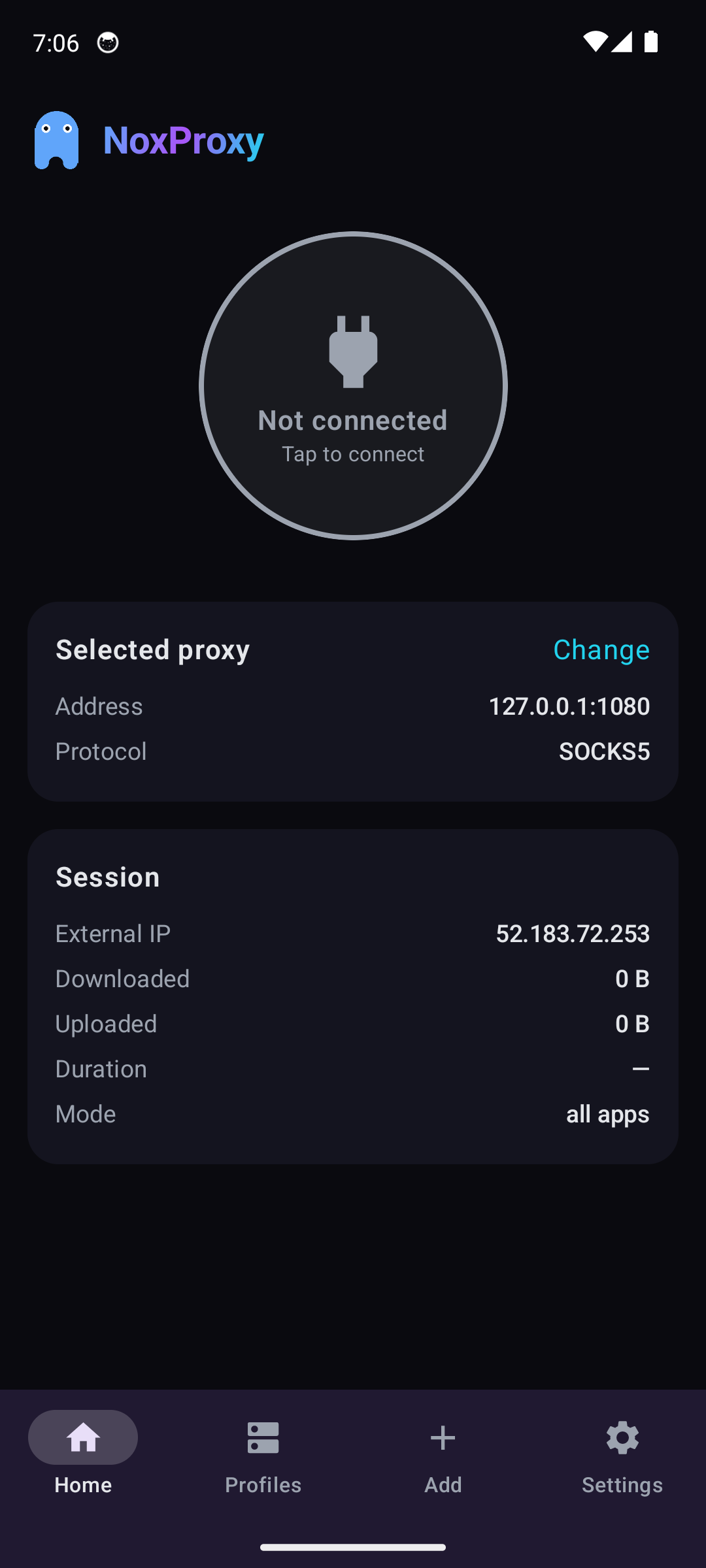 NoxProxy Connect home screen showing the connect button, selected proxy and session stats